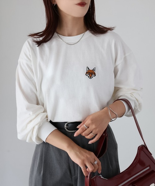Riberry（リベリー）の「めがねキツネ胸刺繍ロンT（Tシャツ/カットソー・レディース・オフホワイト/オートミール/チャコールグレー・FREE）」の14枚目の写真