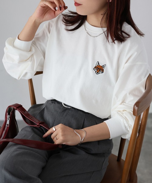 Riberry（リベリー）の「めがねキツネ胸刺繍ロンT（Tシャツ/カットソー・レディース・オフホワイト/オートミール/チャコールグレー・FREE）」の13枚目の写真