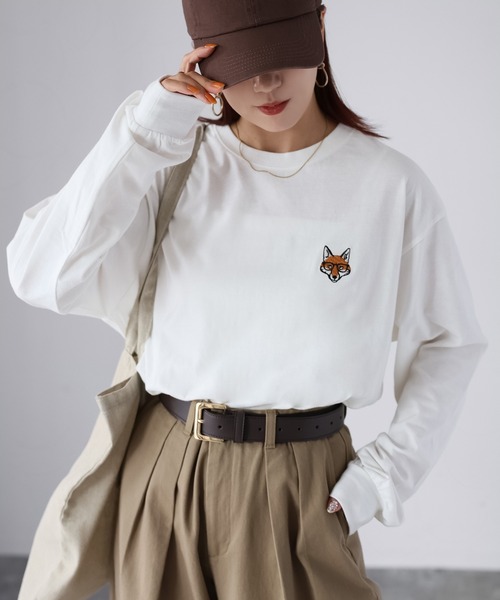 Riberry（リベリー）の「めがねキツネ胸刺繍ロンT（Tシャツ/カットソー・レディース・オフホワイト/オートミール/チャコールグレー・FREE）」の5枚目の写真
