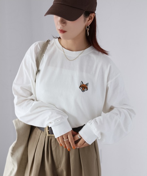 Riberry（リベリー）の「めがねキツネ胸刺繍ロンT（Tシャツ/カットソー・レディース・オフホワイト/オートミール/チャコールグレー・FREE）」の4枚目の写真