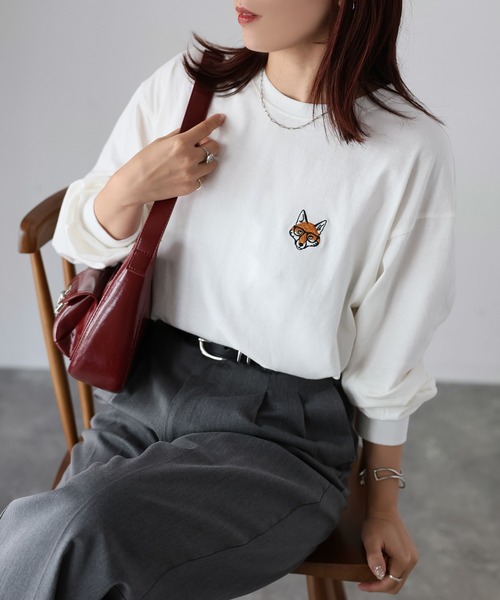 Riberry（リベリー）の「めがねキツネ胸刺繍ロンT（Tシャツ/カットソー・レディース・オフホワイト/オートミール/チャコールグレー・FREE）」の12枚目の写真