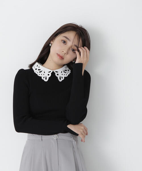 NATURAL BEAUTY BASIC（ナチュラルビューティーベーシック）の「◇カットワークカラーリブニット（ニット/セーター・レディース・ブラック系その他/オフホワイト/ベージュ系その他・FREE）」の2枚目の写真