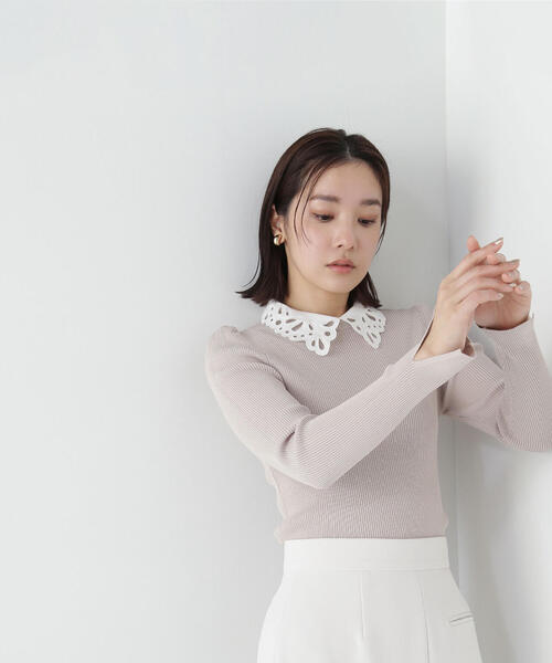 NATURAL BEAUTY BASIC（ナチュラルビューティーベーシック）の「◇カットワークカラーリブニット（ニット/セーター・レディース・ブラック系その他/オフホワイト/ベージュ系その他・FREE）」の3枚目の写真