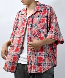 hard wash open collar check shirt/ハードウォッシュ オープンカラー チェック シャツ/半袖シャツ