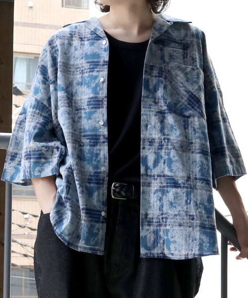 セール】hard wash open collar check shirt/ハードウォッシュ