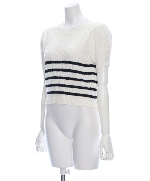 clear（クリア）の「ケーブル編み半袖パフスリーブニットトップス［オフィスカジュアル 着回し抜群 大人］≪再入荷≫（ニット/セーター・レディース・オフホワイト/イエロー/ピンク/ブラック/ホワイト×ブラック/レッド・F）」の7枚目の写真