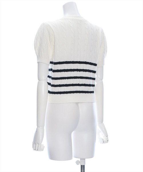 clear（クリア）の「ケーブル編み半袖パフスリーブニットトップス［オフィスカジュアル 着回し抜群 大人］≪再入荷≫（ニット/セーター・レディース・オフホワイト/イエロー/ピンク/ブラック/ホワイト×ブラック/レッド・F）」の9枚目の写真