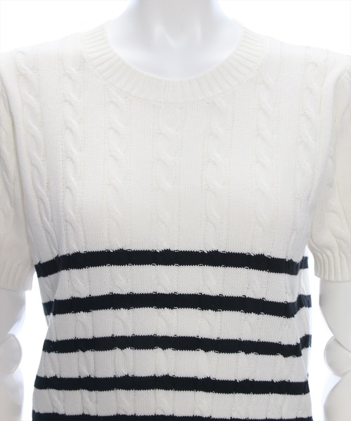 clear（クリア）の「ケーブル編み半袖パフスリーブニットトップス［オフィスカジュアル 着回し抜群 大人］≪再入荷≫（ニット/セーター・レディース・オフホワイト/イエロー/ピンク/ブラック/ホワイト×ブラック/レッド・F）」の12枚目の写真