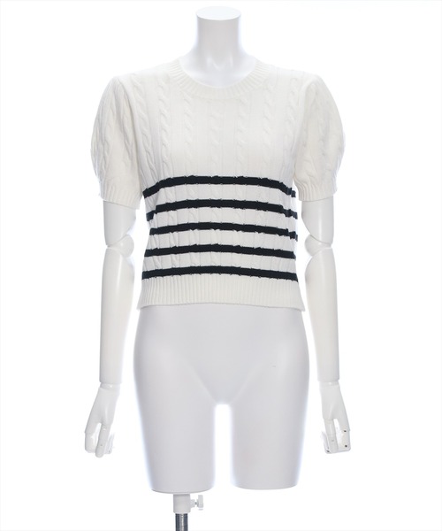 clear（クリア）の「ケーブル編み半袖パフスリーブニットトップス［オフィスカジュアル 着回し抜群 大人］≪再入荷≫（ニット/セーター・レディース・オフホワイト/イエロー/ピンク/ブラック/ホワイト×ブラック/レッド・F）」の16枚目の写真