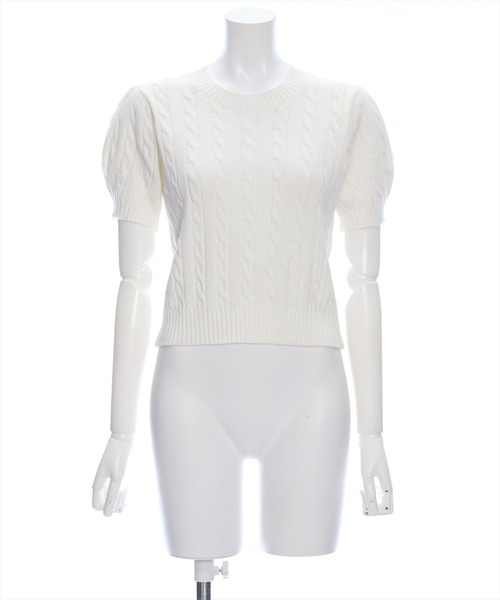 clear（クリア）の「ケーブル編み半袖パフスリーブニットトップス［オフィスカジュアル 着回し抜群 大人］≪再入荷≫（ニット/セーター・レディース・オフホワイト/イエロー/ピンク/ブラック/ホワイト×ブラック/レッド・F）」の19枚目の写真