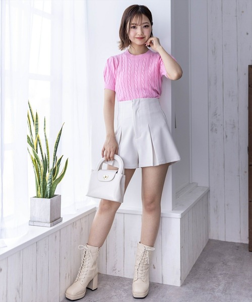 clear（クリア）の「ケーブル編み半袖パフスリーブニットトップス［オフィスカジュアル 着回し抜群 大人］≪再入荷≫（ニット/セーター・レディース・オフホワイト/イエロー/ピンク/ブラック/ホワイト×ブラック/レッド・F）」の22枚目の写真