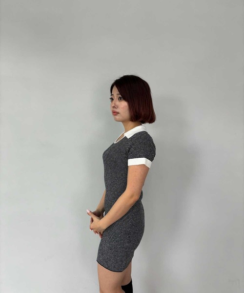 Fano Studios】ポロカラー Uネック ボーダーニットミニワンピ Fano