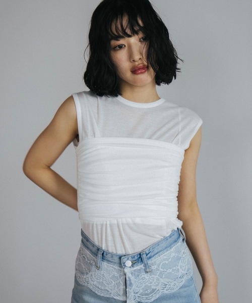 duei(デュイ)の「ビスチェセットレイヤードノースリーブトップス(Tシャツ/カットソー・レディース・オフホワイト/ブラック・FREE)」の1枚目の写真