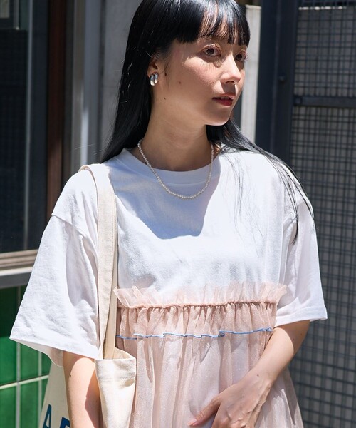 セール】チュールドッキングTシャツ/シアーラメ 切替Tシャツ（Tシャツ