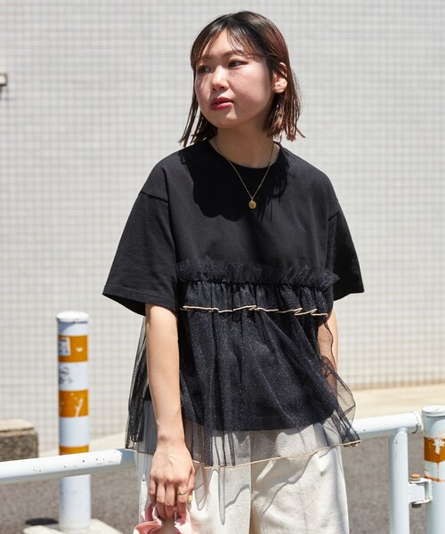 セール】チュールドッキングTシャツ/シアーラメ 切替Tシャツ（Tシャツ