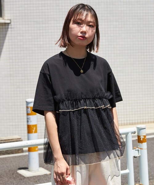 セール】チュールドッキングTシャツ/シアーラメ 切替Tシャツ（T