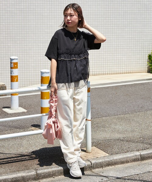 セール】チュールドッキングTシャツ/シアーラメ 切替Tシャツ（T