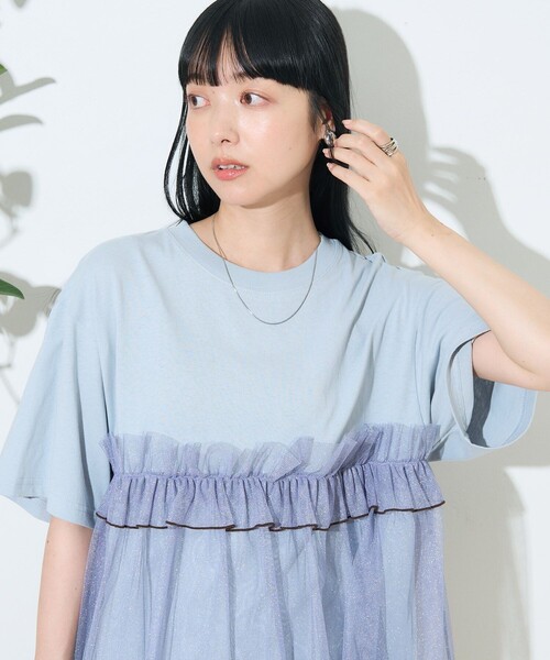 セール】チュールドッキングTシャツ/シアーラメ 切替Tシャツ（Tシャツ
