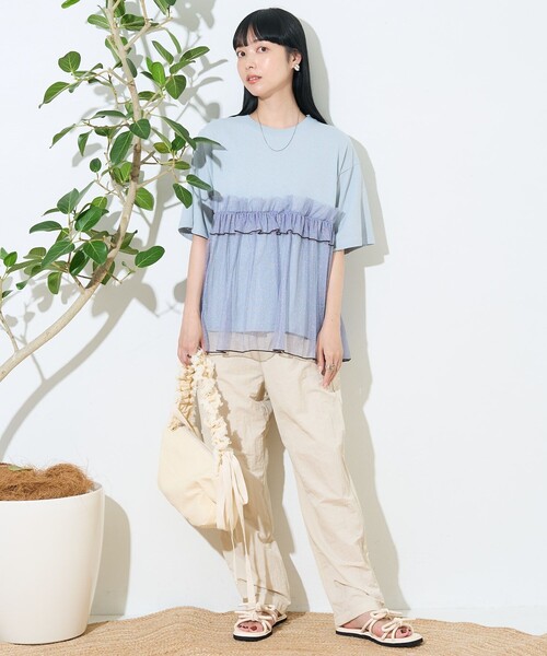 セール】チュールドッキングTシャツ/シアーラメ 切替Tシャツ（Tシャツ