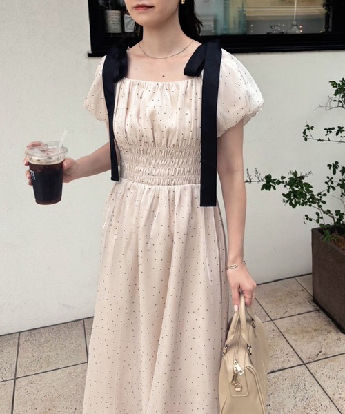 ナイスクラップ リボン取り外しできる シャーリングワンピース one after another NICE CLAUP（ワンアフターアナザーナイ