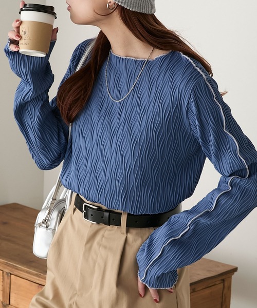 BONLECILL（ボンルシール）の「立体ウェーブジャガード配色メロープルオーバー/インナー（Tシャツ/カットソー・レディース・ピンク/アイボリー/ブラック/ブルー/モカ/オレンジ/ブラウン・FREE）」の5枚目の写真