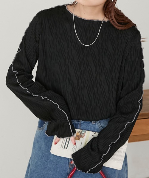 BONLECILL（ボンルシール）の「立体ウェーブジャガード配色メロープルオーバー/インナー（Tシャツ/カットソー・レディース・ピンク/アイボリー/ブラック/ブルー/モカ/オレンジ/ブラウン・FREE）」の2枚目の写真