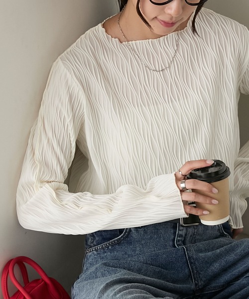 BONLECILL（ボンルシール）の「立体ウェーブジャガード配色メロープルオーバー/インナー（Tシャツ/カットソー・レディース・ピンク/アイボリー/ブラック/ブルー/モカ/オレンジ/ブラウン・FREE）」の8枚目の写真