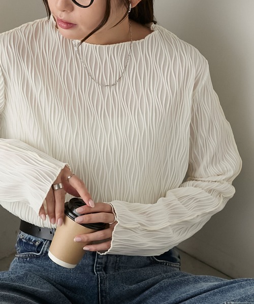 BONLECILL（ボンルシール）の「立体ウェーブジャガード配色メロープルオーバー/インナー（Tシャツ/カットソー・レディース・ピンク/アイボリー/ブラック/ブルー/モカ/オレンジ/ブラウン・FREE）」の9枚目の写真