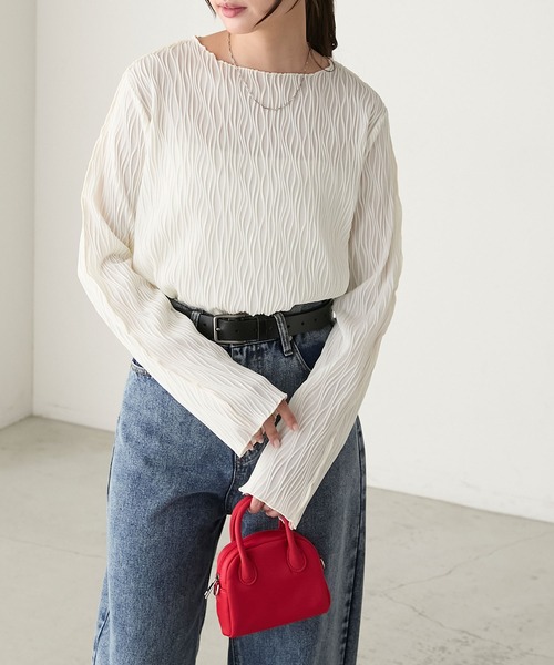 BONLECILL（ボンルシール）の「立体ウェーブジャガード配色メロープルオーバー/インナー（Tシャツ/カットソー・レディース・ピンク/アイボリー/ブラック/ブルー/モカ/オレンジ/ブラウン・FREE）」の10枚目の写真