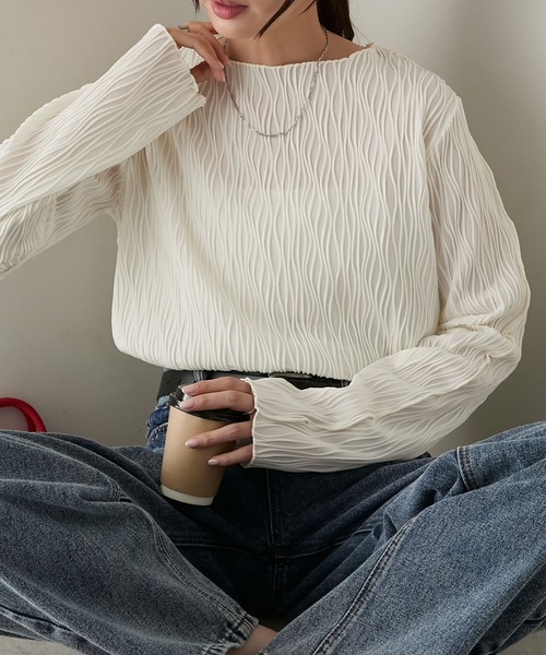 BONLECILL（ボンルシール）の「立体ウェーブジャガード配色メロープルオーバー/インナー（Tシャツ/カットソー・レディース・ピンク/アイボリー/ブラック/ブルー/モカ/オレンジ/ブラウン・FREE）」の15枚目の写真