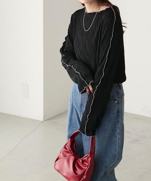 BONLECILL（ボンルシール）の「立体ウェーブジャガード配色メロープルオーバー/インナー（Tシャツ/カットソー・レディース・ピンク/アイボリー/ブラック/ブルー/モカ/オレンジ/ブラウン・FREE）」の19枚目の写真