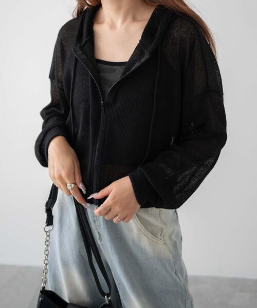 dispark（ディスパーク）の「DISPARK/透かし編みクロップドパーカー（パーカー・レディース・グレー/ブラック・FREE）」の5枚目の写真