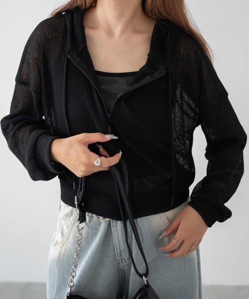 dispark（ディスパーク）の「DISPARK/透かし編みクロップドパーカー（パーカー・レディース・グレー/ブラック・FREE）」の6枚目の写真