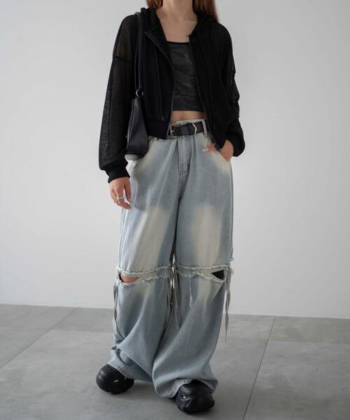 dispark（ディスパーク）の「DISPARK/透かし編みクロップドパーカー（パーカー・レディース・グレー/ブラック・FREE）」の7枚目の写真