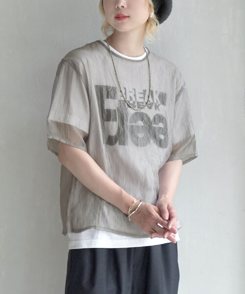 e-zakkamania stores(イーザッカマニアストアーズ)の「クラッシュオーガンジー ハーフスリーブプルオーバー(Tシャツ/カットソー・レディース・グレー/アイボリー/カーキ・フリー)」の3枚目の写真