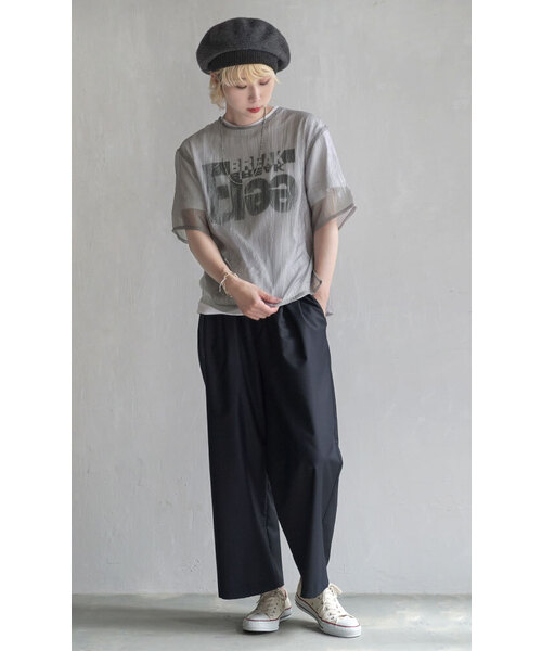 e-zakkamania stores(イーザッカマニアストアーズ)の「クラッシュオーガンジー ハーフスリーブプルオーバー(Tシャツ/カットソー・レディース・グレー/アイボリー/カーキ・フリー)」の7枚目の写真