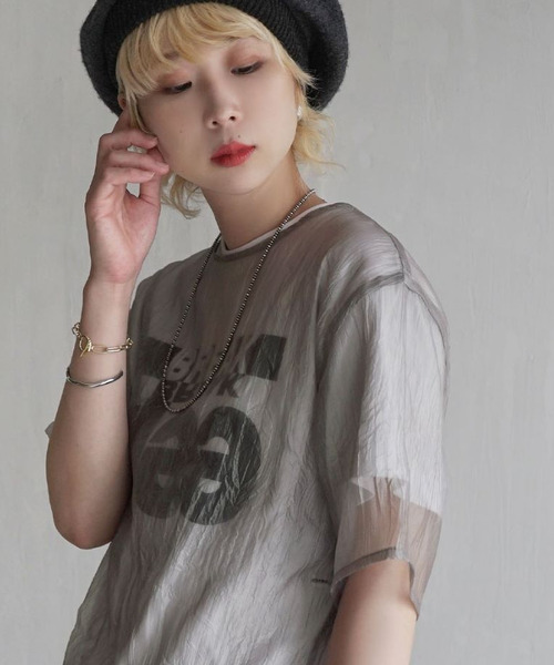 e-zakkamania stores(イーザッカマニアストアーズ)の「クラッシュオーガンジー ハーフスリーブプルオーバー(Tシャツ/カットソー・レディース・グレー/アイボリー/カーキ・フリー)」の8枚目の写真
