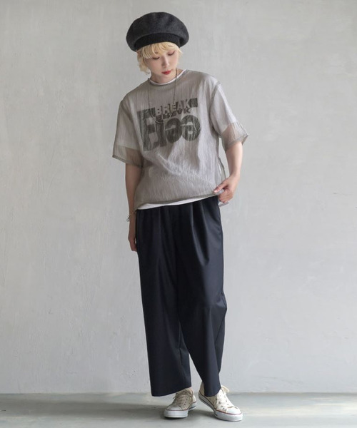 e-zakkamania stores(イーザッカマニアストアーズ)の「クラッシュオーガンジー ハーフスリーブプルオーバー(Tシャツ/カットソー・レディース・グレー/アイボリー/カーキ・フリー)」の9枚目の写真
