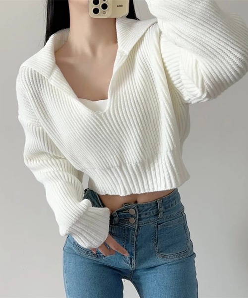 THISIS(ディスイズ)の「クロップド丈 ニットトップス レディース(ニット/セーター・レディース・ブルー/グレー/ブラック/アイボリー/ベージュ・FREE)」の11枚目の写真