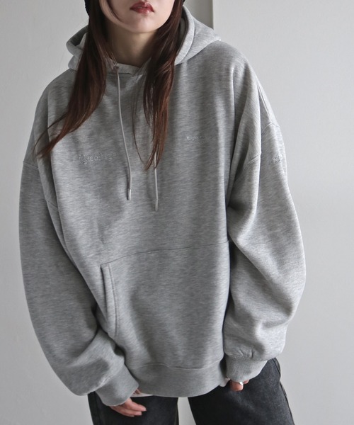 Arpege story☆ パーカープルオーバー新品未使用☆グレー/M セール】テキスト刺繍ルーズシルエットプルオーバーパーカー（パーカー