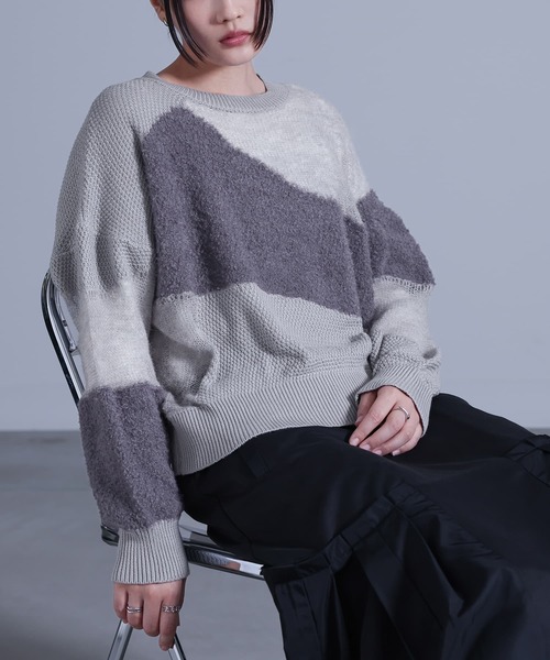 kOhAKU（コハク）の「『ランダム編地ニット』（ニット/セーター・レディース・ネイビー/グレー・FREE）」の9枚目の写真