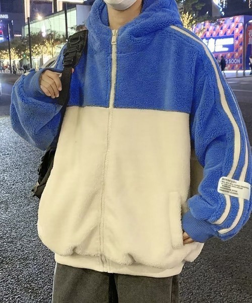 link lot（リンクロット）の「【男女兼用】カラーブロック2ラインピスネーム付きボアフリースパーカー（ブルゾン・メンズ・ブルー/グレー・M/L）」の3枚目の写真