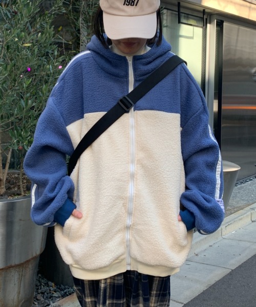 link lot（リンクロット）の「【男女兼用】カラーブロック2ラインピスネーム付きボアフリースパーカー（ブルゾン・メンズ・ブルー/グレー・M/L）」の18枚目の写真