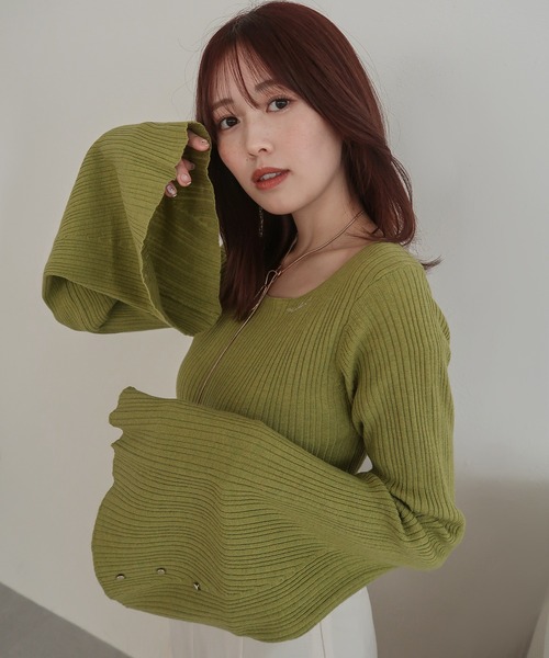 mideal(マイディール)の「flare sleeve rib knit / フレアスリーブリブニット(ニット/セーター・レディース・グリーン・FREE)」の1枚目の写真