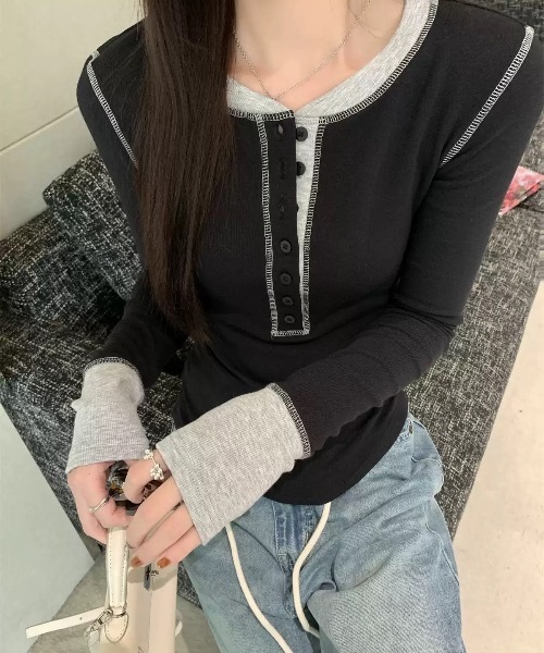 lilful(リルフル)の「配色ヘンリーネックハーフボタンロンT(Tシャツ/カットソー・レディース・グレー/ブラック・F)」の7枚目の写真