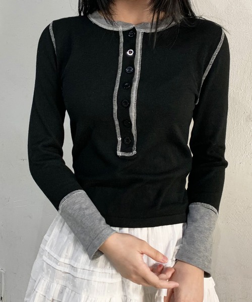 lilful(リルフル)の「配色ヘンリーネックハーフボタンロンT(Tシャツ/カットソー・レディース・グレー/ブラック・F)」の19枚目の写真