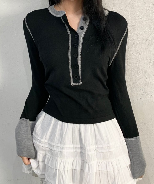 lilful(リルフル)の「配色ヘンリーネックハーフボタンロンT(Tシャツ/カットソー・レディース・グレー/ブラック・F)」の16枚目の写真