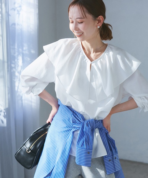 ROPE' PICNIC(ロペピクニック)の「フレアカラーブラウス/UVカット・接触冷感・吸水速乾(シャツ/ブラウス・レディース・ホワイト系その他/サックスブルー/ピンク/ホワイト・38)」の2枚目の写真