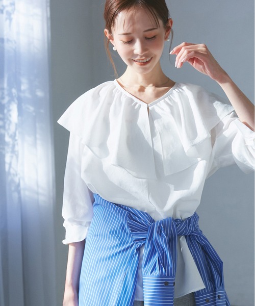 ROPE' PICNIC(ロペピクニック)の「フレアカラーブラウス/UVカット・接触冷感・吸水速乾(シャツ/ブラウス・レディース・ホワイト系その他/サックスブルー/ピンク/ホワイト・38)」の7枚目の写真