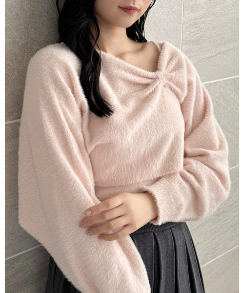 clear（クリア）の「リボンデザイン2wayニット＋ニットキャミソールセット[着回し力抜群 ガーリー]≪再入荷≫（ニット/セーター・レディース・ピンク/ライトグレー/アイボリー/サックスブルー・F）」の4枚目の写真